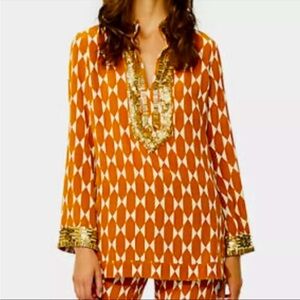 Tory Burch Gold Tile Embellished Silk Crepe Tunic size 10 NWT